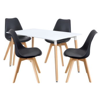 Esstisch 140x90 QUATRO weiß + 4 Stühle QUATRO schwarz
