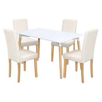Esstisch ONE 140x90 weiß + 4 Stühle PRIMA weiß/helle Beine