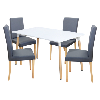 Esstisch ONE 140x90 weiß + 4 Stühle PRIMA grau/helle Beine