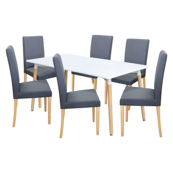 Esstisch ONE 160x90 weiß + 6 Stühle PRIMA grau/helle Beine